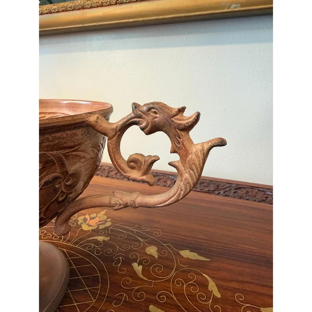 Vintage Copper-Tone Pedestal‎ Bowl with Dragon Handles